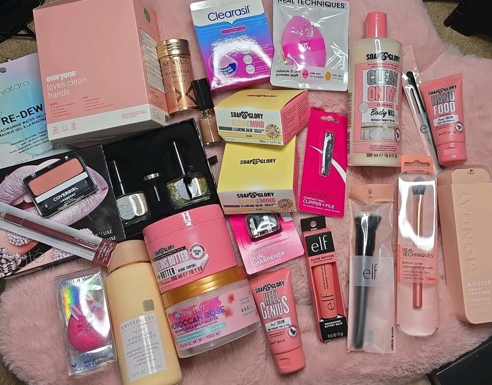 Huge Pink Lot Mixed W/ High End Full Size Beauty Makeup Skin & Hair Care + Gift